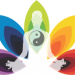 Meditating silhouette with rainbow lotus and yin-yang