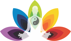 Meditating silhouette with rainbow lotus and yin-yang